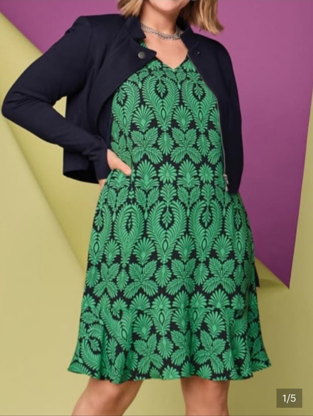 CAbi Palmette Flutter Sleeve Flounce Dress Green & Navy Blue, Size Small